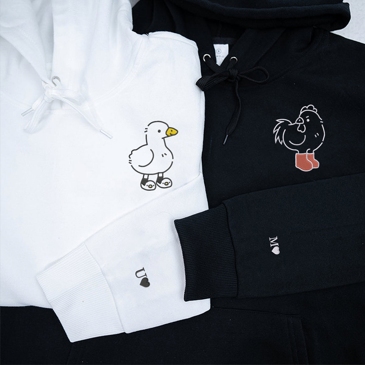 Custom Embroidered Cute Duck and Chicken Matching Hoodies for Couples