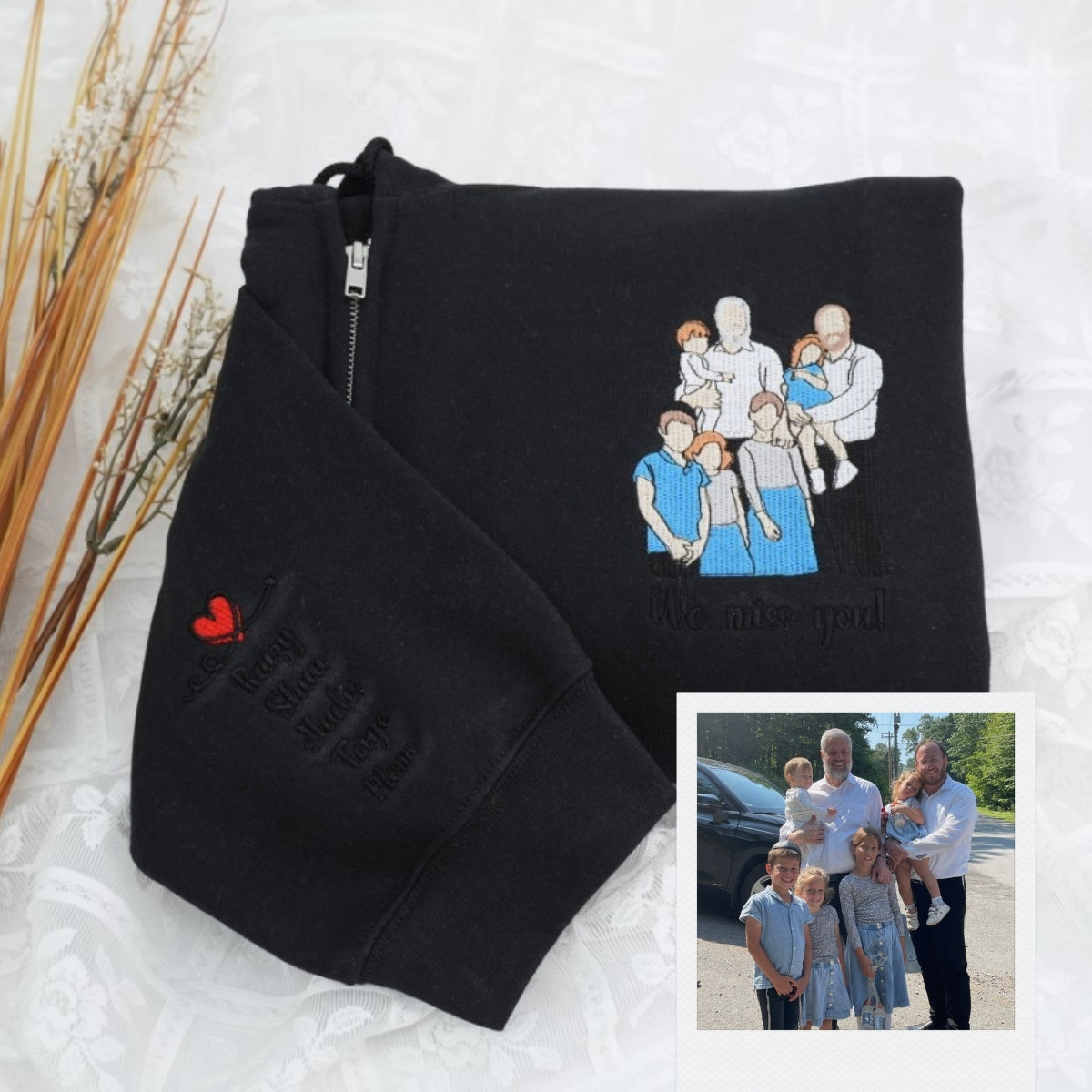 Custom Family Portrait Quarter-Zip - Full-Color Embroidered Family Sweatshirts - Perfect Family Gift