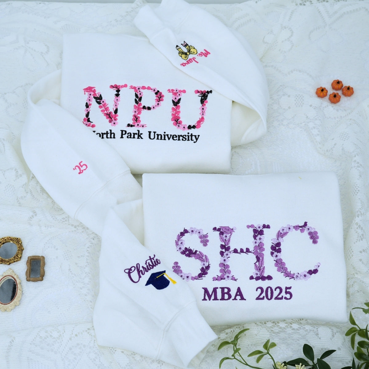 Custom Graduation Hoodies - Floral Embroidered University Sweatshirts - Graduate Gift