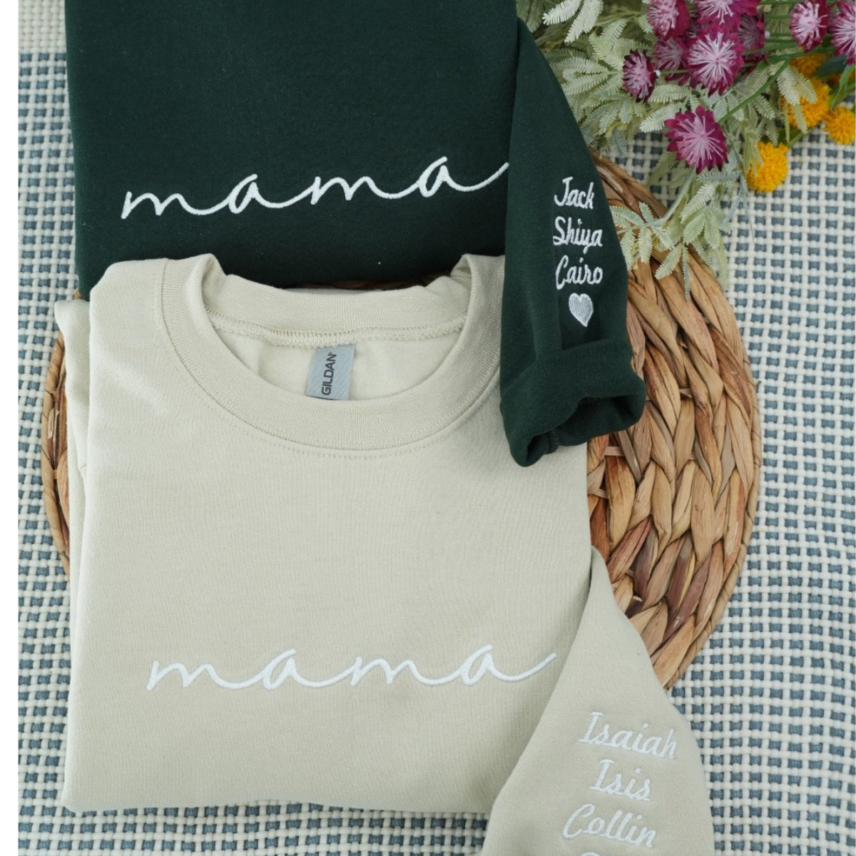 Custom Mama Sweatshirts - Blue Script Embroidered Hoodies with Kids Names - Perfect Multi Child Mother Gift