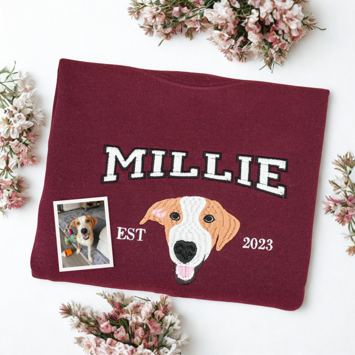 Custom Pet Name Sweatshirts - Dog Portrait Varsity Style Embroidered Sweaters - Dog Lover Gift