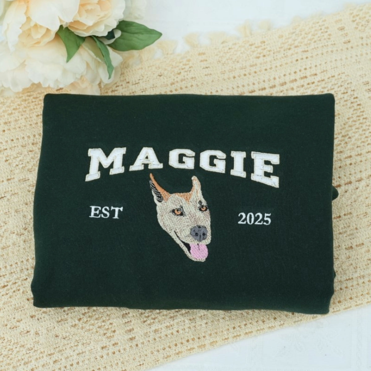 Custom Pet Portrait Hoodies - Varsity Style Dog Cat Face Embroidered Sweatshirts with Names - Premium Pet Lover Gift