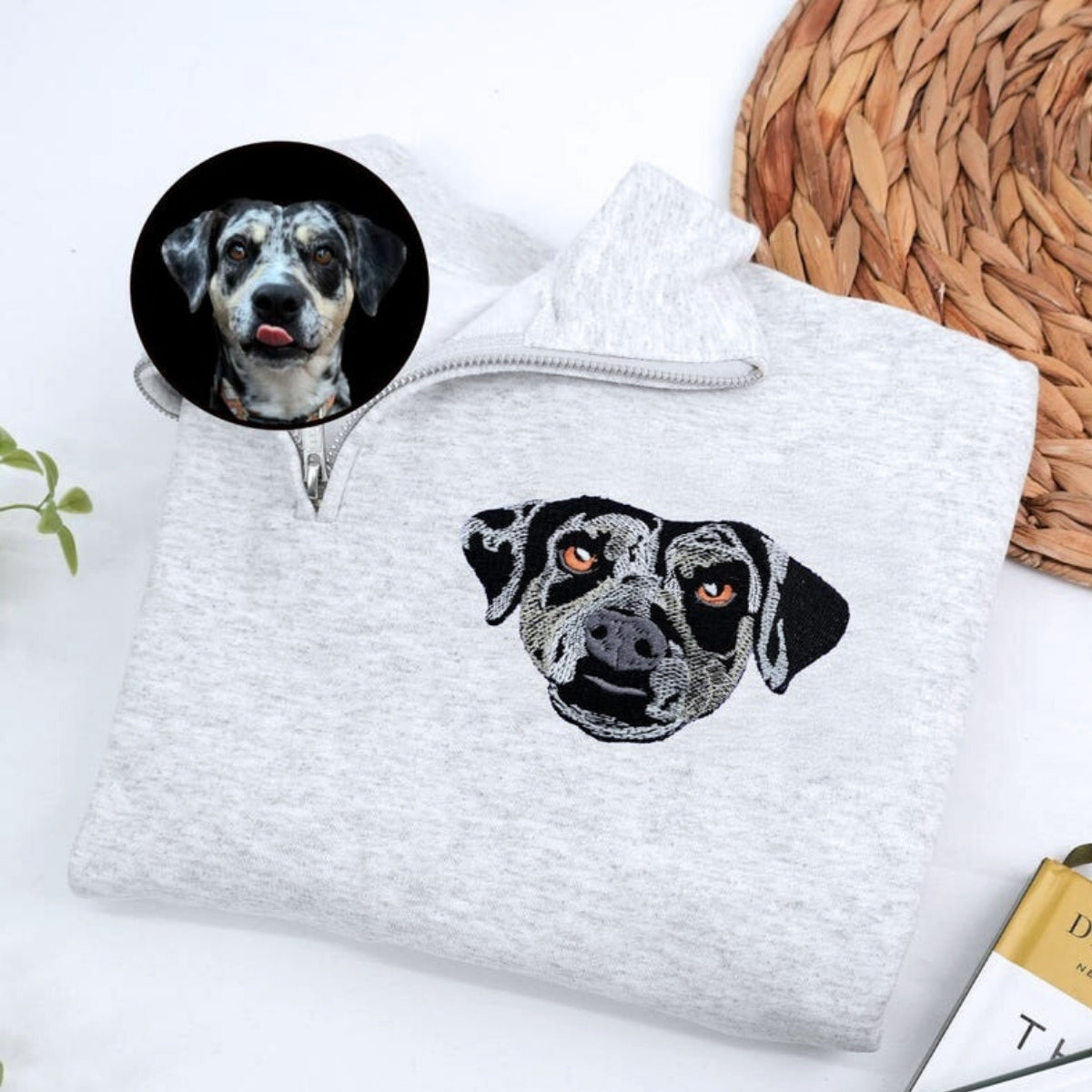 Custom Pet Portrait Quarter Zip - Cat Face Embroidered Pullover - Personalized Pet Memorial Gift