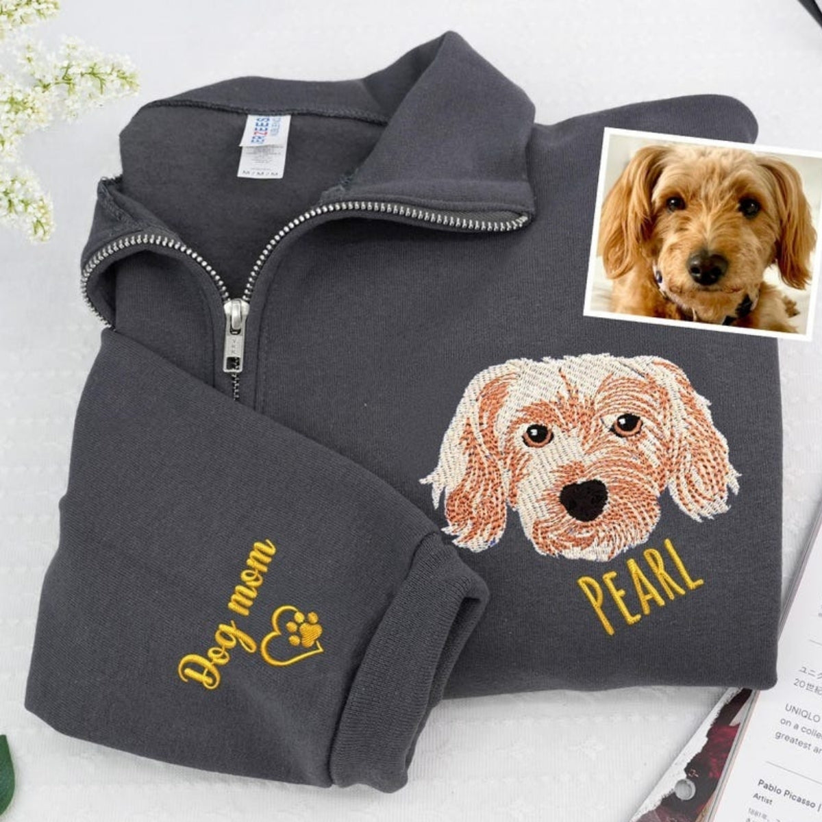 Custom Pet Portrait Quarter Zip - Cat Face Embroidered Pullover - Personalized Pet Memorial Gift