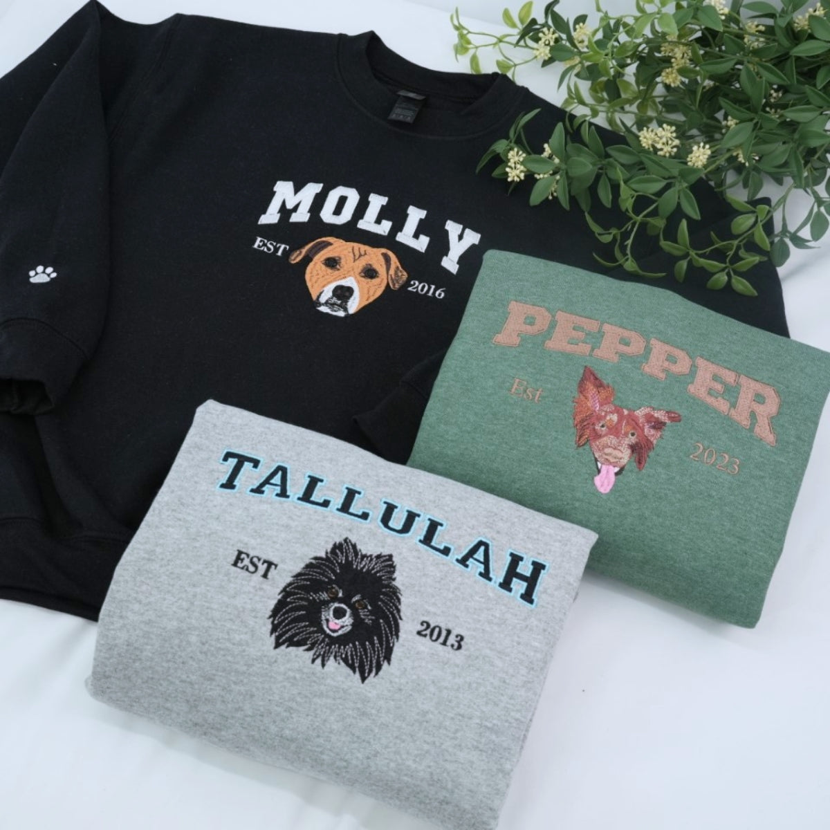 Custom Pet Portrait Sweatshirts - Dog Name Varsity EST Embroidered Shirts - Dog Lover Gift