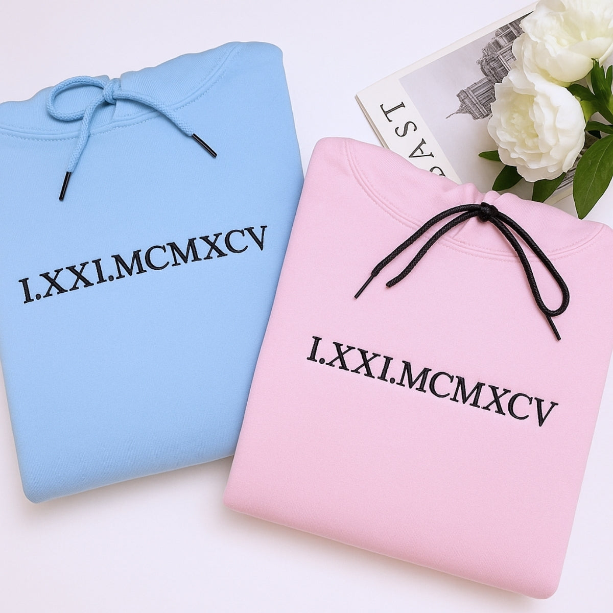 Custom Roman Numeral Hoodies Couples - Matching Date Embroidered Sweatshirts - Anniversary Valentine's Gift