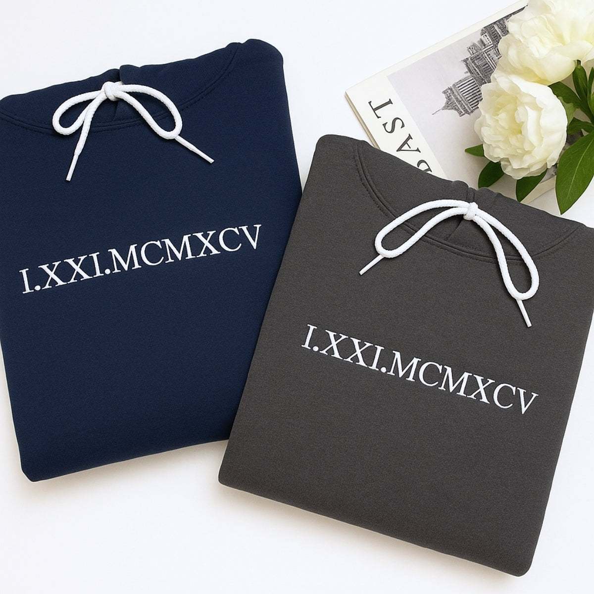 Custom Roman Numeral Hoodies Couples - Matching Date Embroidered Sweatshirts - Anniversary Valentine's Gift