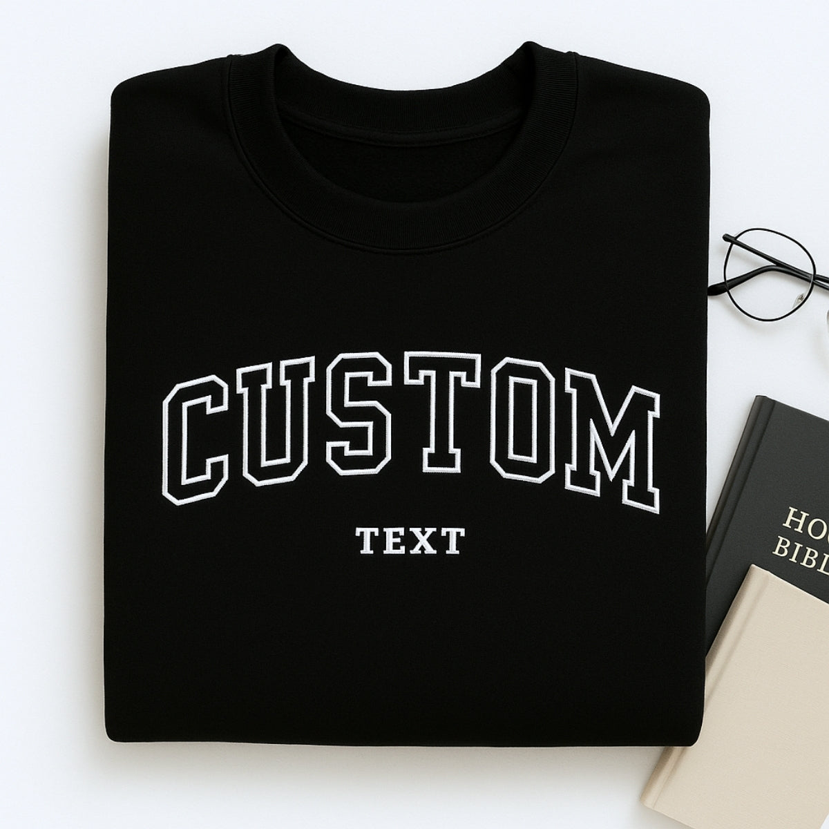 Custom Text Embroidered Sweatshirts - Varsity Style Personalized Hoodies - Front &amp; Sleeve Customization