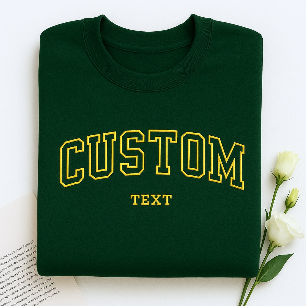 Custom Text Embroidered Sweatshirts - Varsity Style Personalized Hoodies - Front & Sleeve Customization
