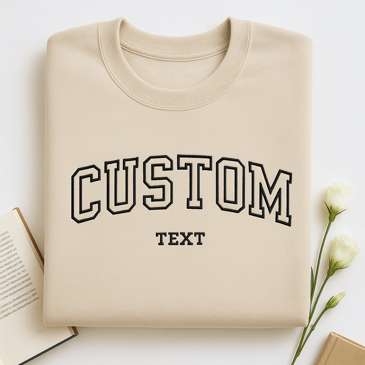 Custom Text Embroidered Sweatshirts - Varsity Style Personalized Hoodies - Front & Sleeve Customization