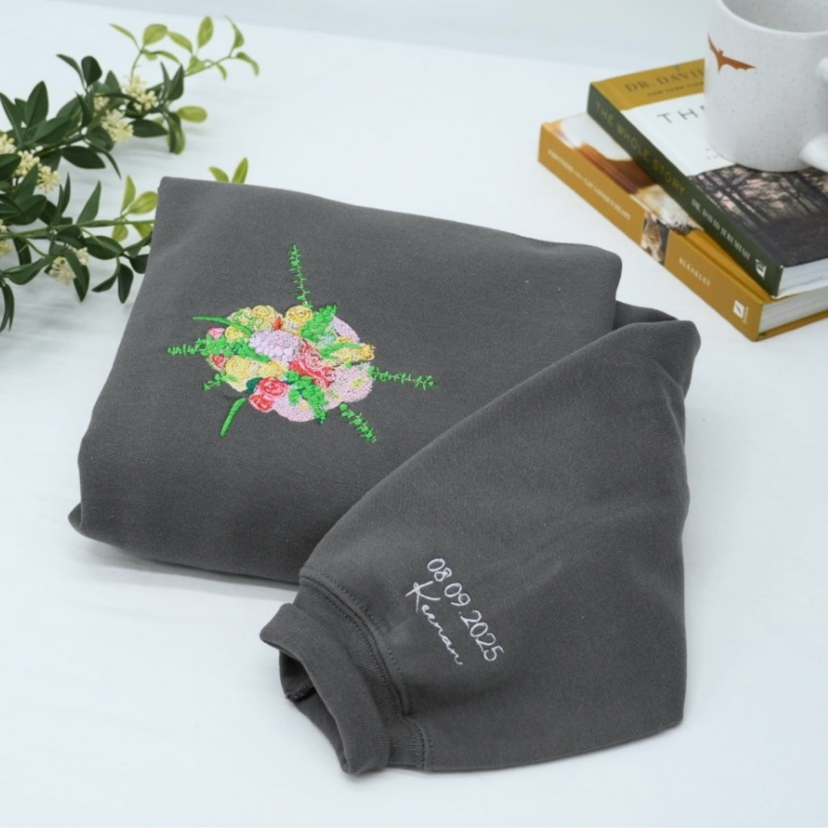 Custom Wedding Bouquet Hoodie - Personalized Bride Embroidered Sweatshirt - Wedding Date Keepsake