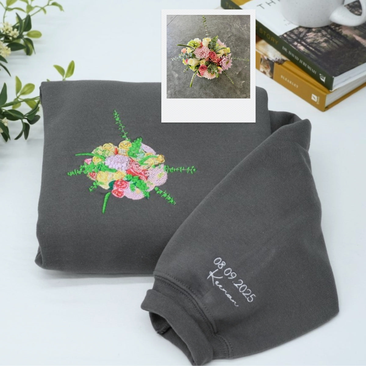 Custom Wedding Bouquet Hoodie - Personalized Bride Embroidered Sweatshirt - Wedding Date Keepsake