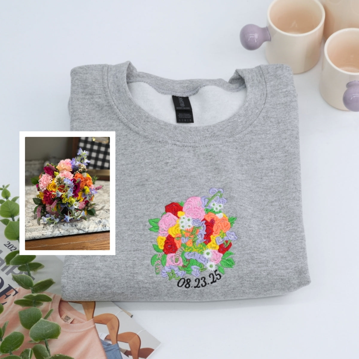Custom Wedding Bouquet Sweatshirt - Bridal Embroidered Date Hoodie - Perfect Bride Anniversary Gift