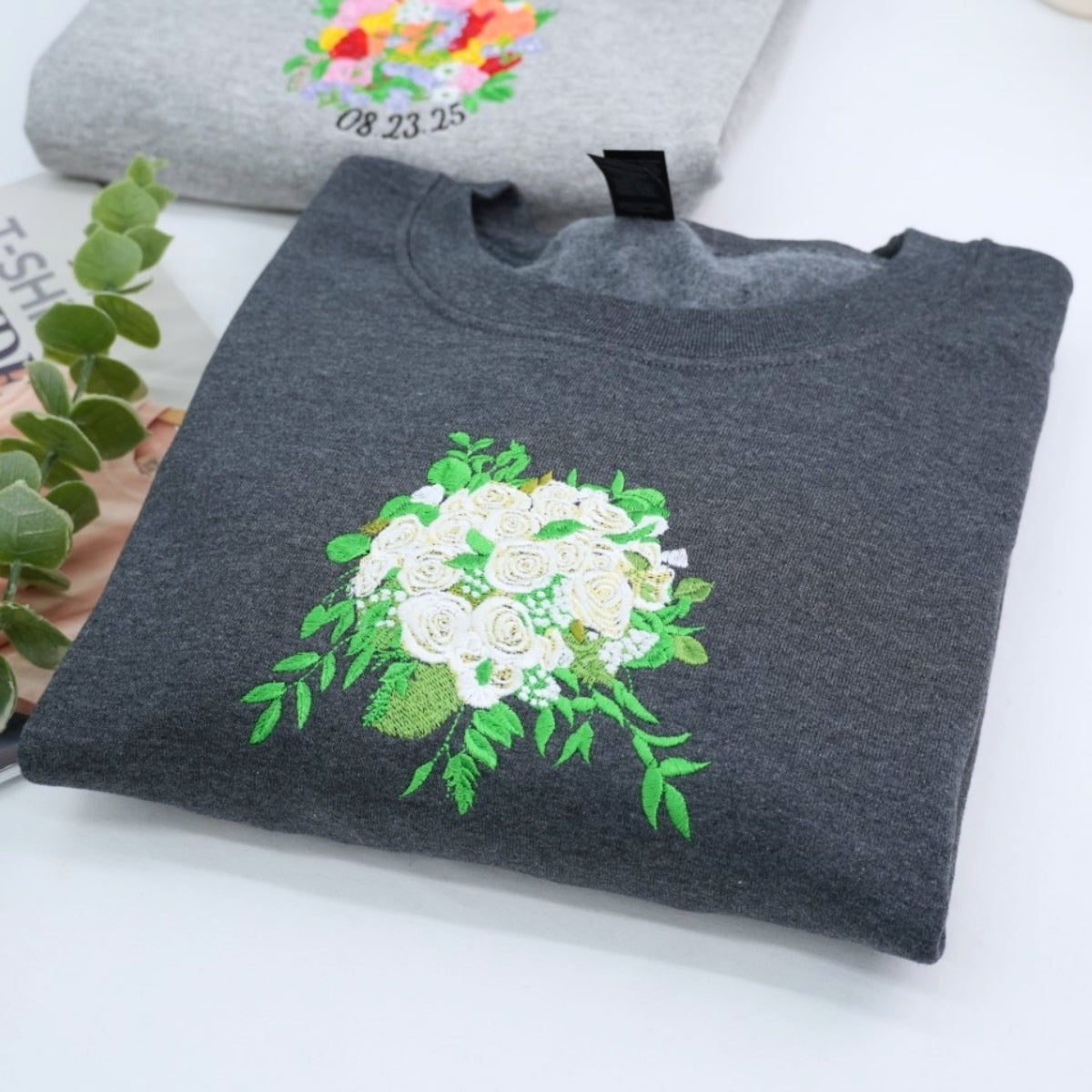 Custom Wedding Bouquet Sweatshirt - Bridal Embroidered Date Hoodie - Perfect Bride Anniversary Gift