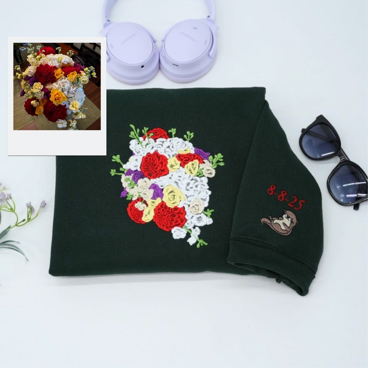 Custom Wedding Bouquet Sweatshirt - Personalized Bride Embroidered Hoodie - Wedding Date Keepsake