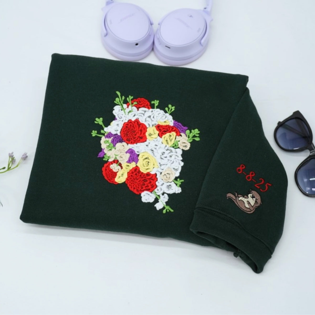 Custom Wedding Bouquet Sweatshirt - Personalized Bride Embroidered Hoodie - Wedding Date Keepsake