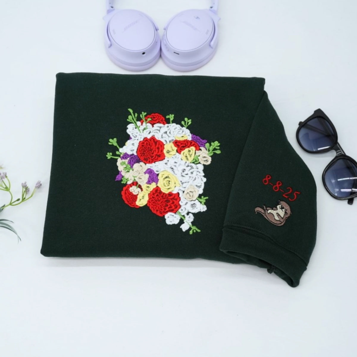 Custom Wedding Bouquet Sweatshirt - Personalized Bride Embroidered Hoodie - Wedding Date Keepsake