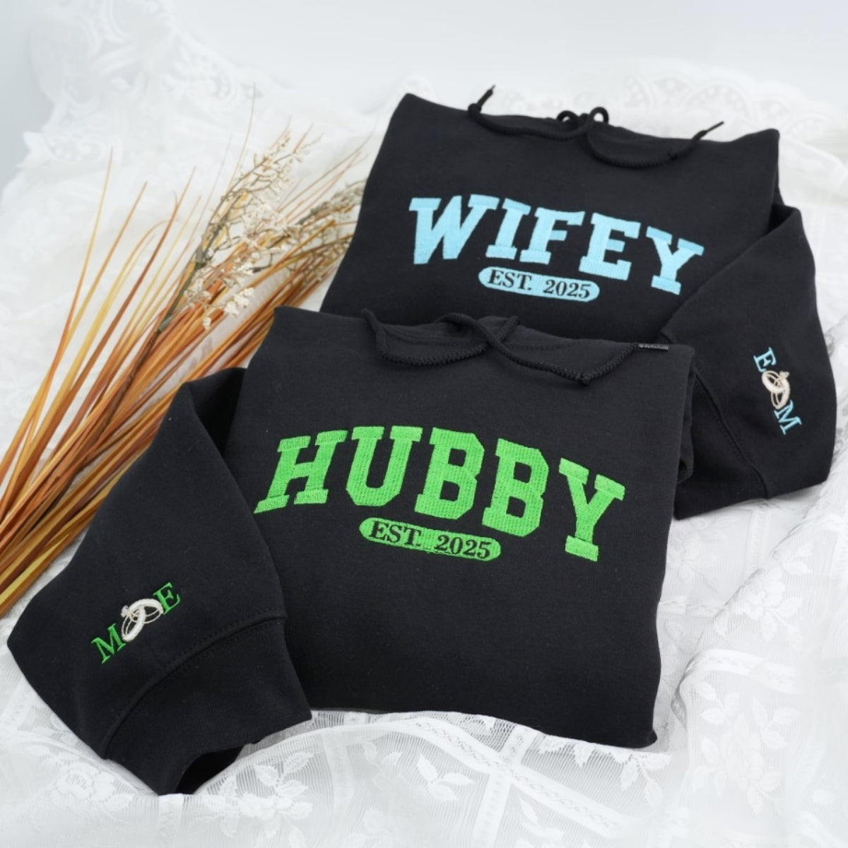 Custom Wifey Hubby Hoodies - Matching Couples Embroidered Sweatshirts - EST Date Anniversary Gift