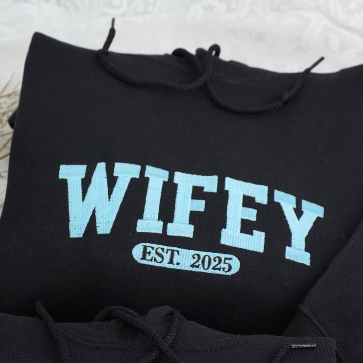 Custom Wifey Hubby Hoodies - Matching Couples Embroidered Sweatshirts - EST Date Anniversary Gift