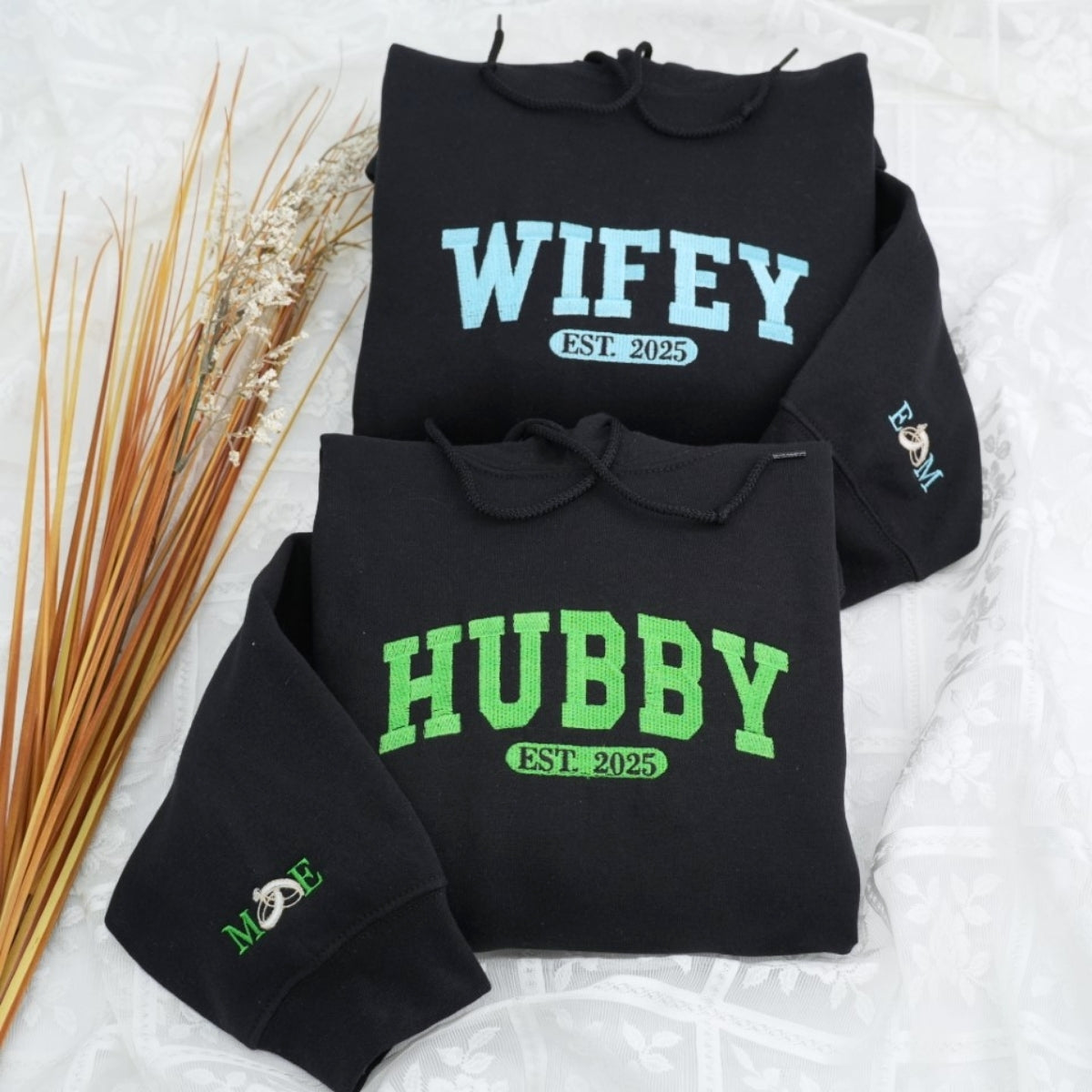 Custom Wifey Hubby Hoodies - Matching Couples Embroidered Sweatshirts - EST Date Anniversary Gift