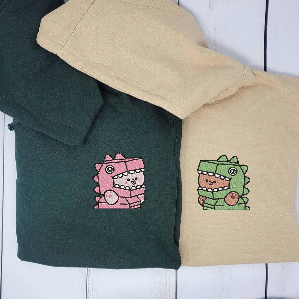 Cute T-Rex Costume Custom Embroidered Matching Hoodies For Couples - Couple Hoodies