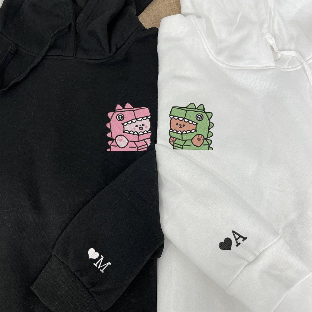 Cute T-Rex Costume Custom Embroidered Matching Hoodies For Couples - Couple Hoodies