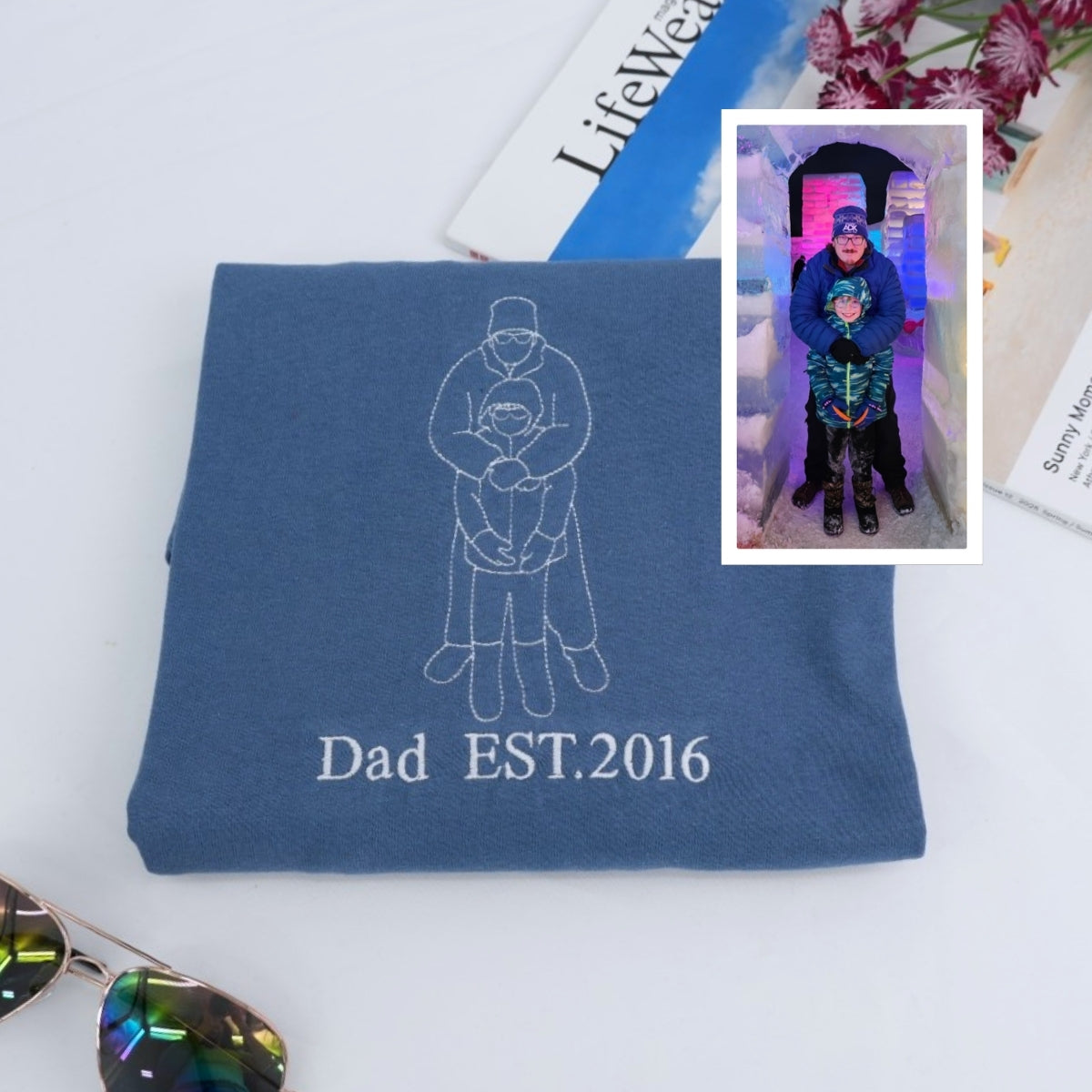 Dad Cuddle Custom T-Shirt - Father Kids Snuggle Outline Embroidered Shirt - Family Gift