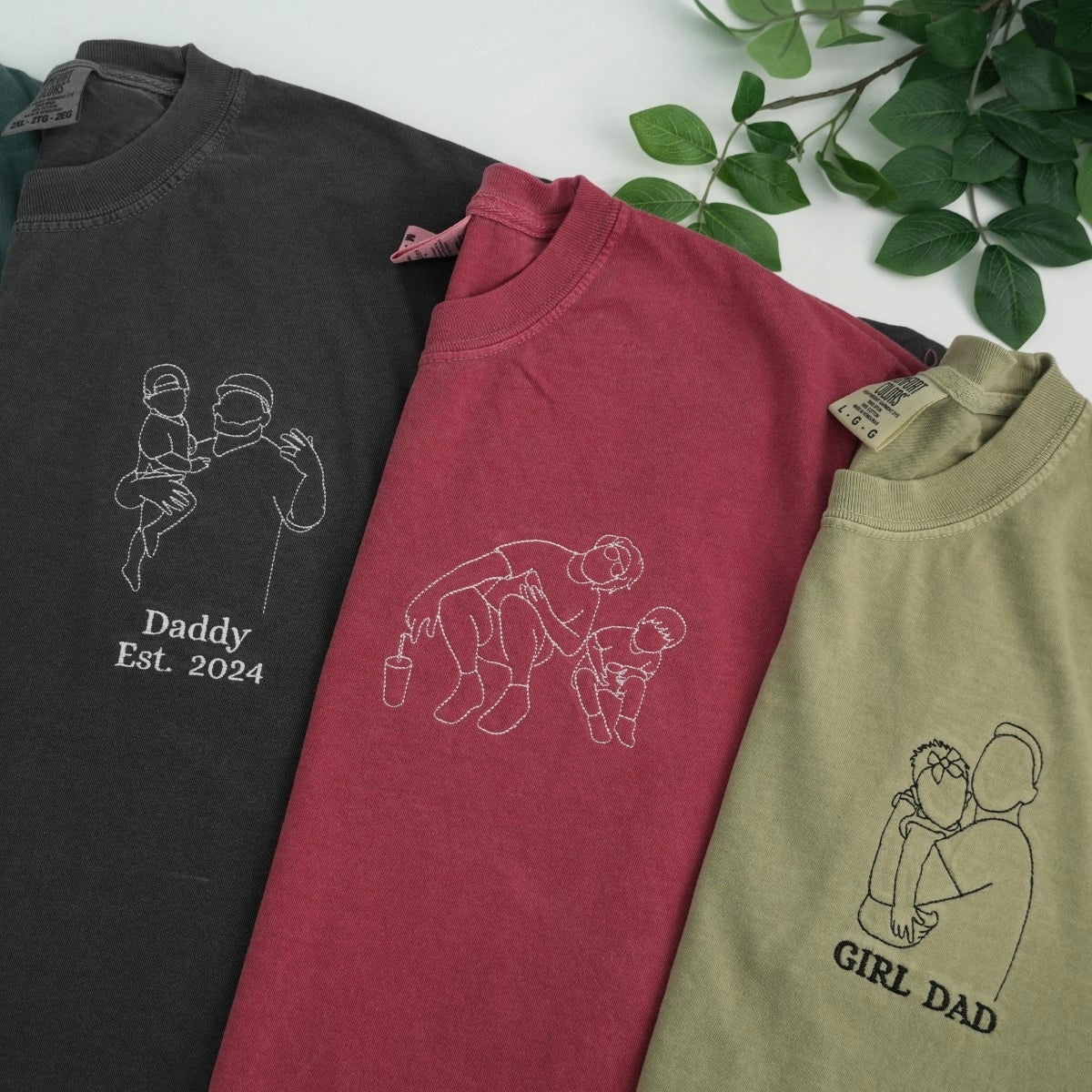 Dad Custom Outline T-Shirt - Father Child Embroidered Shirt - Perfect Father's Day Gift
