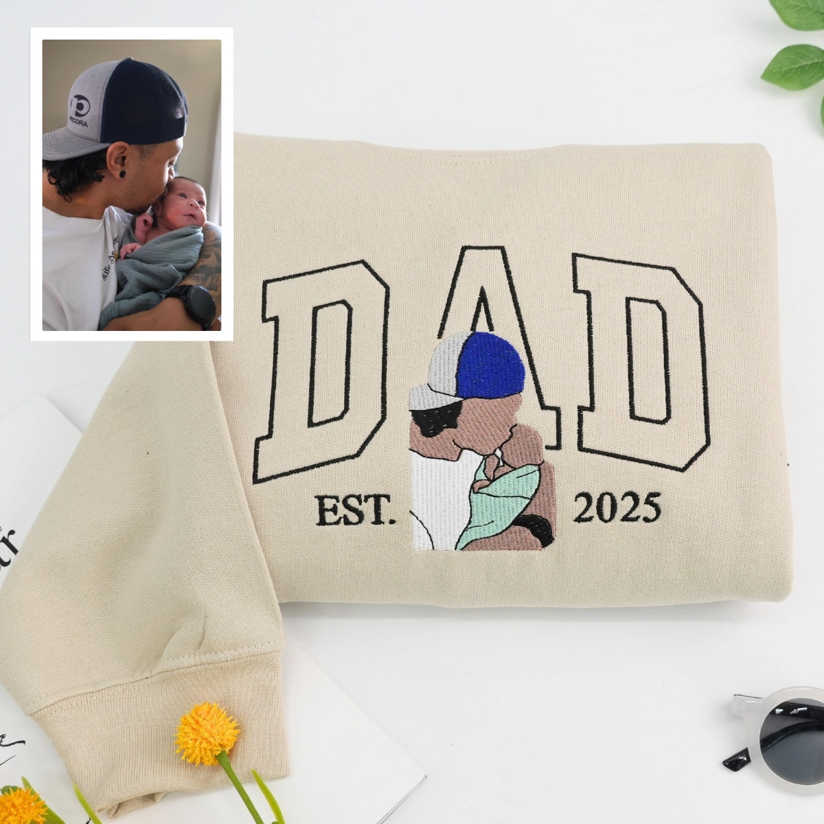 Dad Custom Portrait Hoodies - Father Baby Embroidered Sweatshirts - Personalized Father's Day Gift