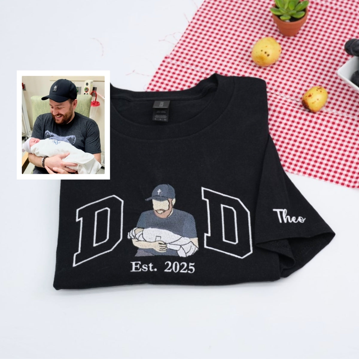 New Dad Custom T-Shirts - Varsity Style Father Embroidered Apparel - Perfect New Baby Gift