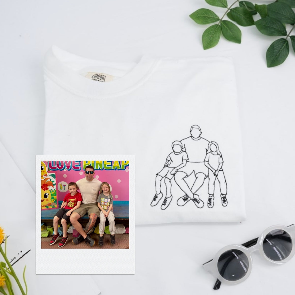 Dad Two Kids Custom T-Shirt - Father Children Outline Embroidered Shirt - Perfect Dad Gift