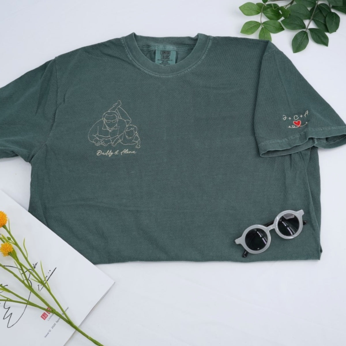 Dad Two Kids Custom T-Shirt - Father Children Outline Embroidered Shirt - Perfect Dad Gift