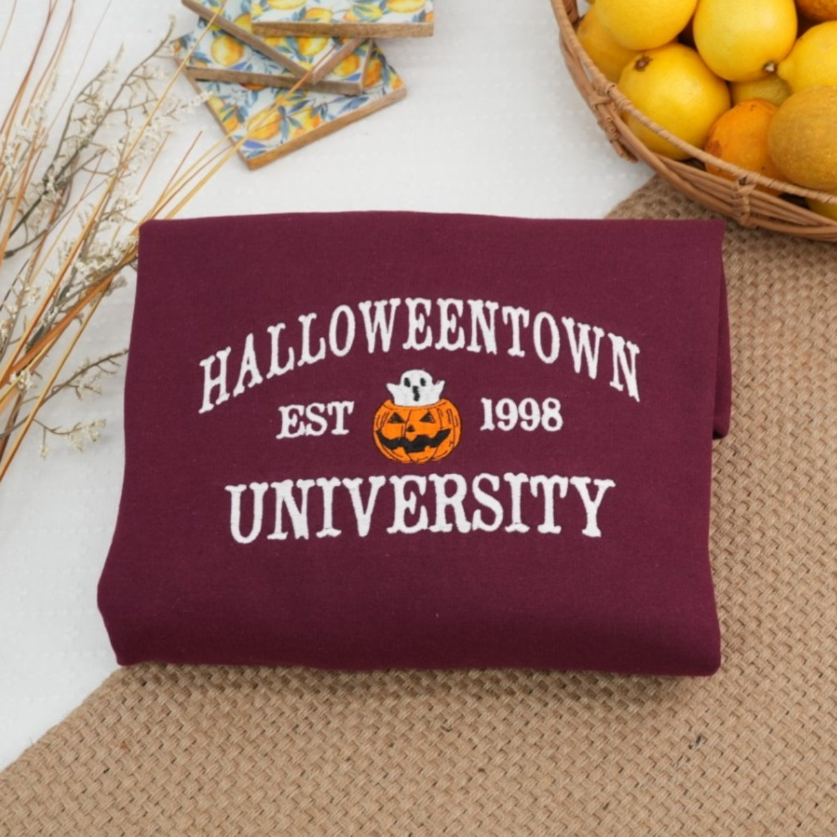 Fall Halloween Sweatshirt - University Campus Embroidered Hoodie - Pumpkin Ghost College Style Apparel