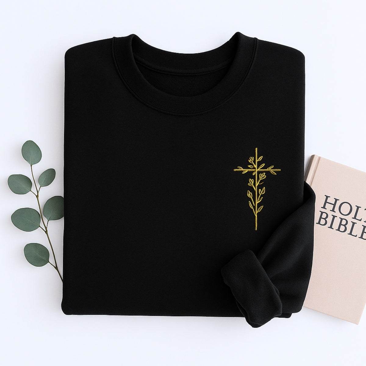 Floral Cross Sweatshirts - Christian Botanical Embroidered Apparel - Subtle Faith Expression Gift