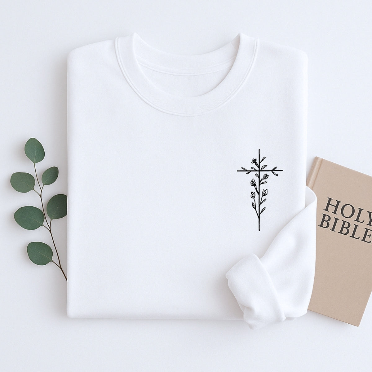 Floral Cross Sweatshirts - Christian Botanical Embroidered Apparel - Subtle Faith Expression Gift