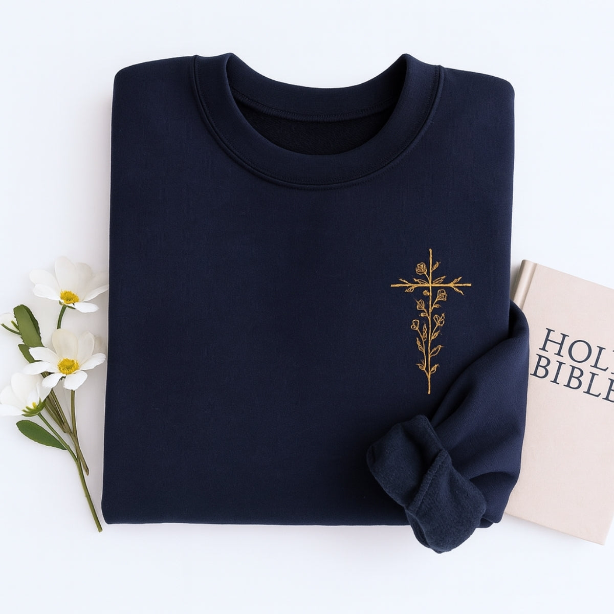 Floral Cross Sweatshirts - Christian Botanical Embroidered Apparel - Subtle Faith Expression Gift
