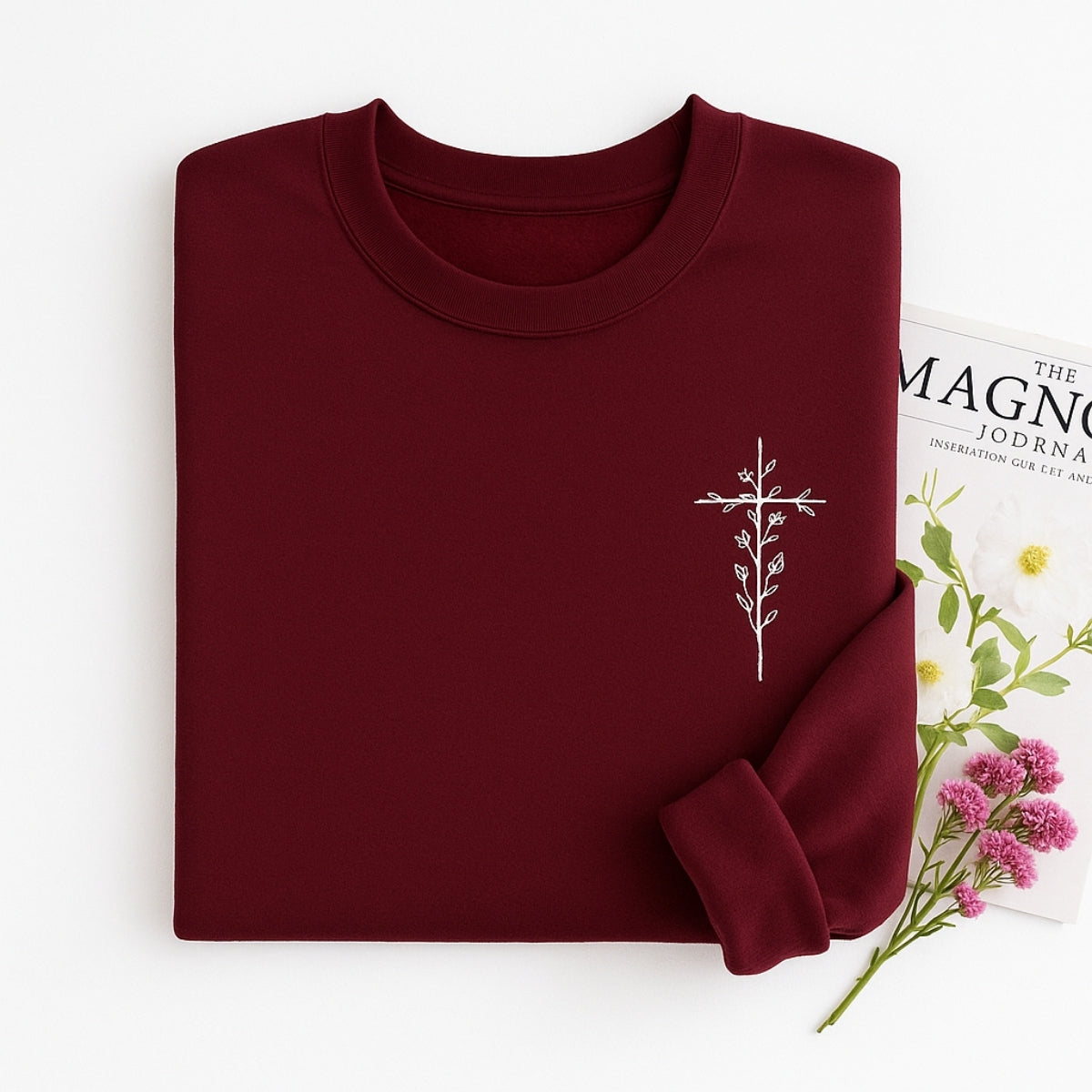 Floral Cross Sweatshirts - Christian Botanical Embroidered Apparel - Subtle Faith Expression Gift