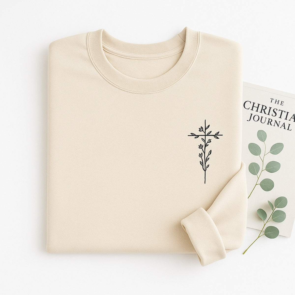 Floral Cross Sweatshirts - Christian Botanical Embroidered Apparel - Subtle Faith Expression Gift