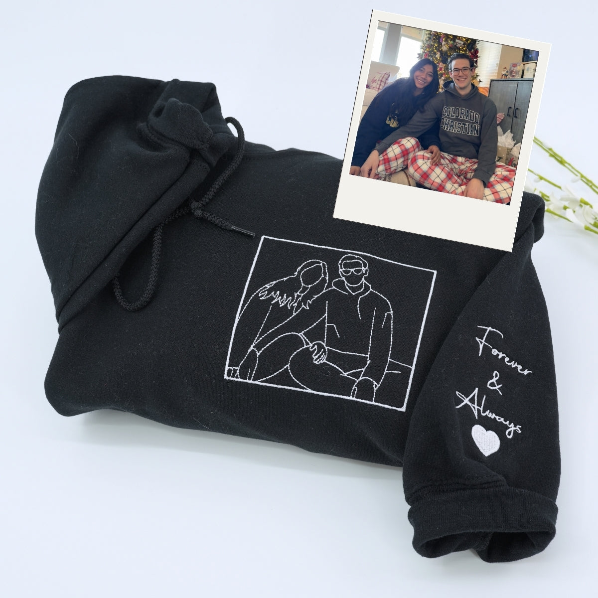 Forever & Always Couple Hoodies - Custom Line Art Portrait Embroidery - Romantic Anniversary Love Gift