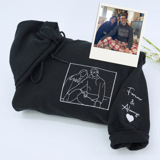 Forever & Always Couple Hoodies - Custom Line Art Portrait Embroidery - Romantic Anniversary Love Gift