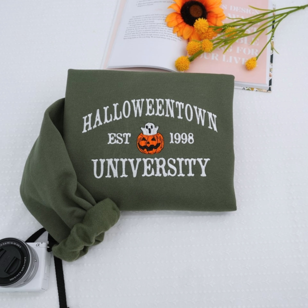 Halloween College Hoodie - Embroidered Pumpkin University Sweatshirt - Vintage Campus Halloween Apparel