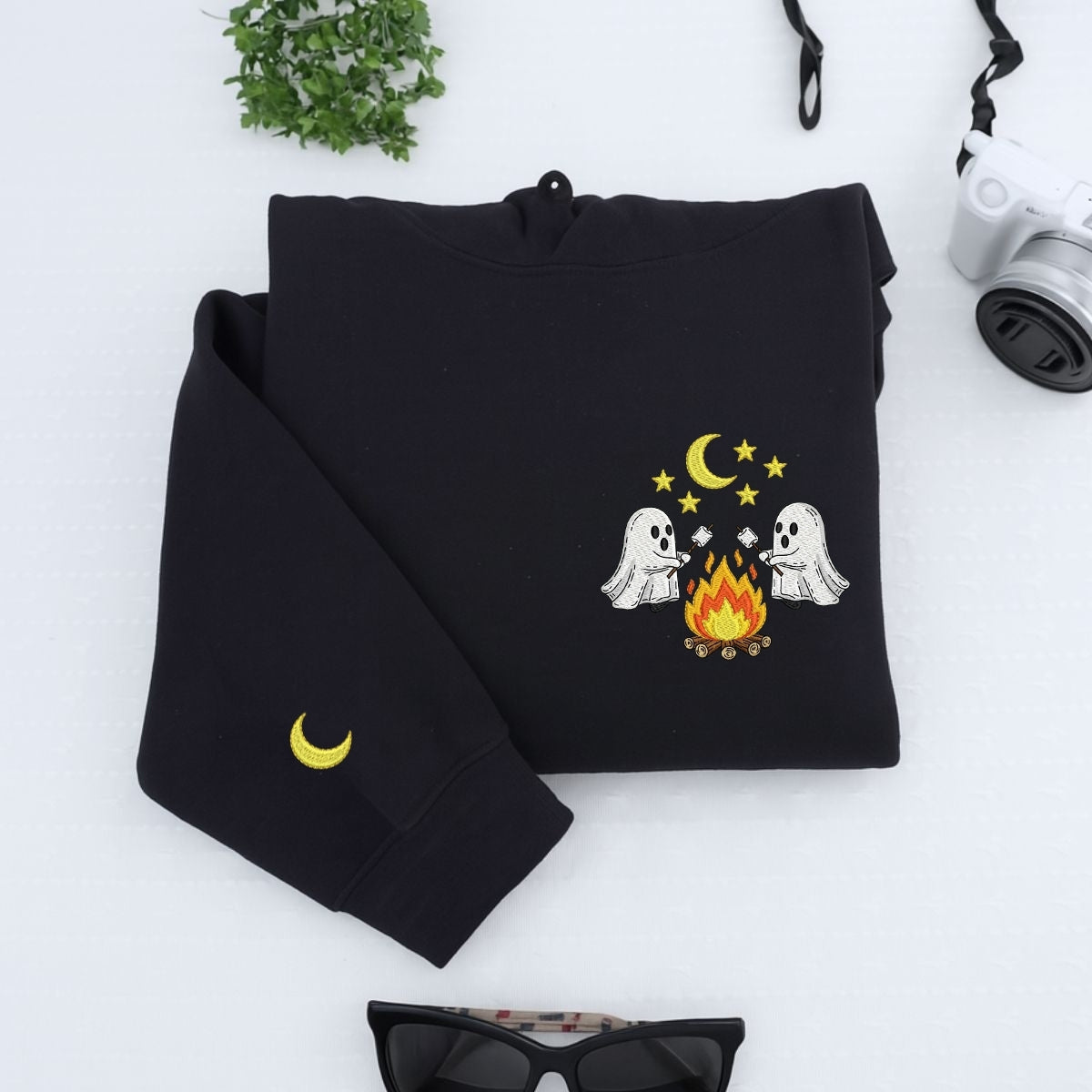 Halloween Ghost Campfire Custom Hoodies - Spooky Camping Embroidered Sweatshirts - Perfect Cozy Halloween Gift
