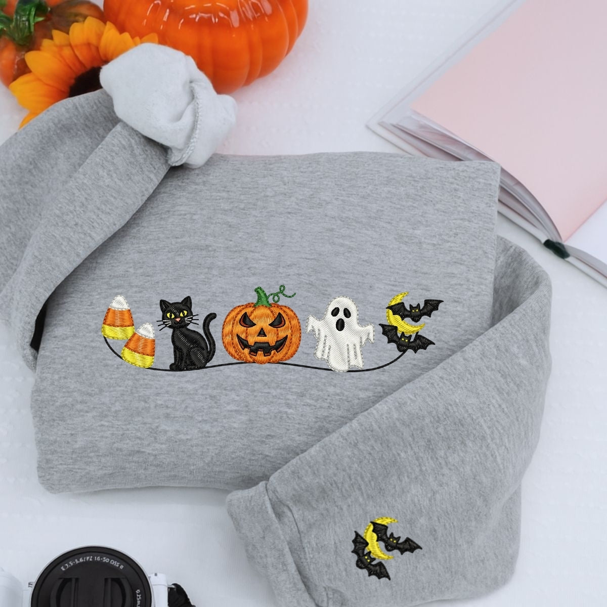 Halloween Icons Embroidered Sweatshirts - Cute Ghost Pumpkin Cat Crewneck - Perfect Spooky Season Gift
