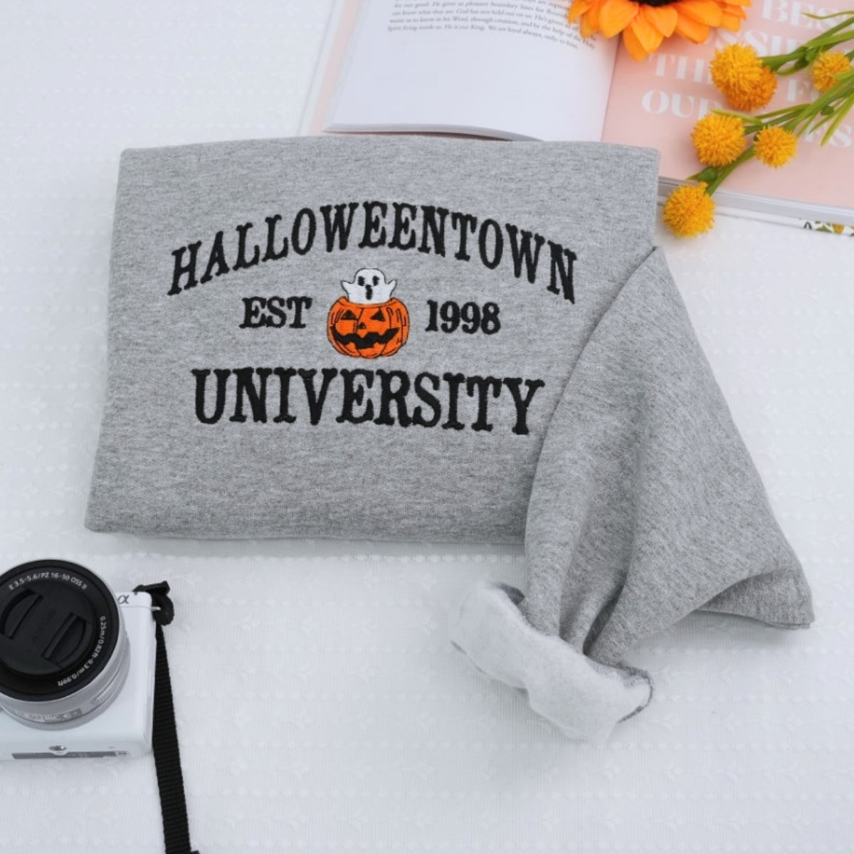 Halloween University Sweatshirt - Embroidered Pumpkin Ghost College Style Hoodie - Spooky Campus Apparel