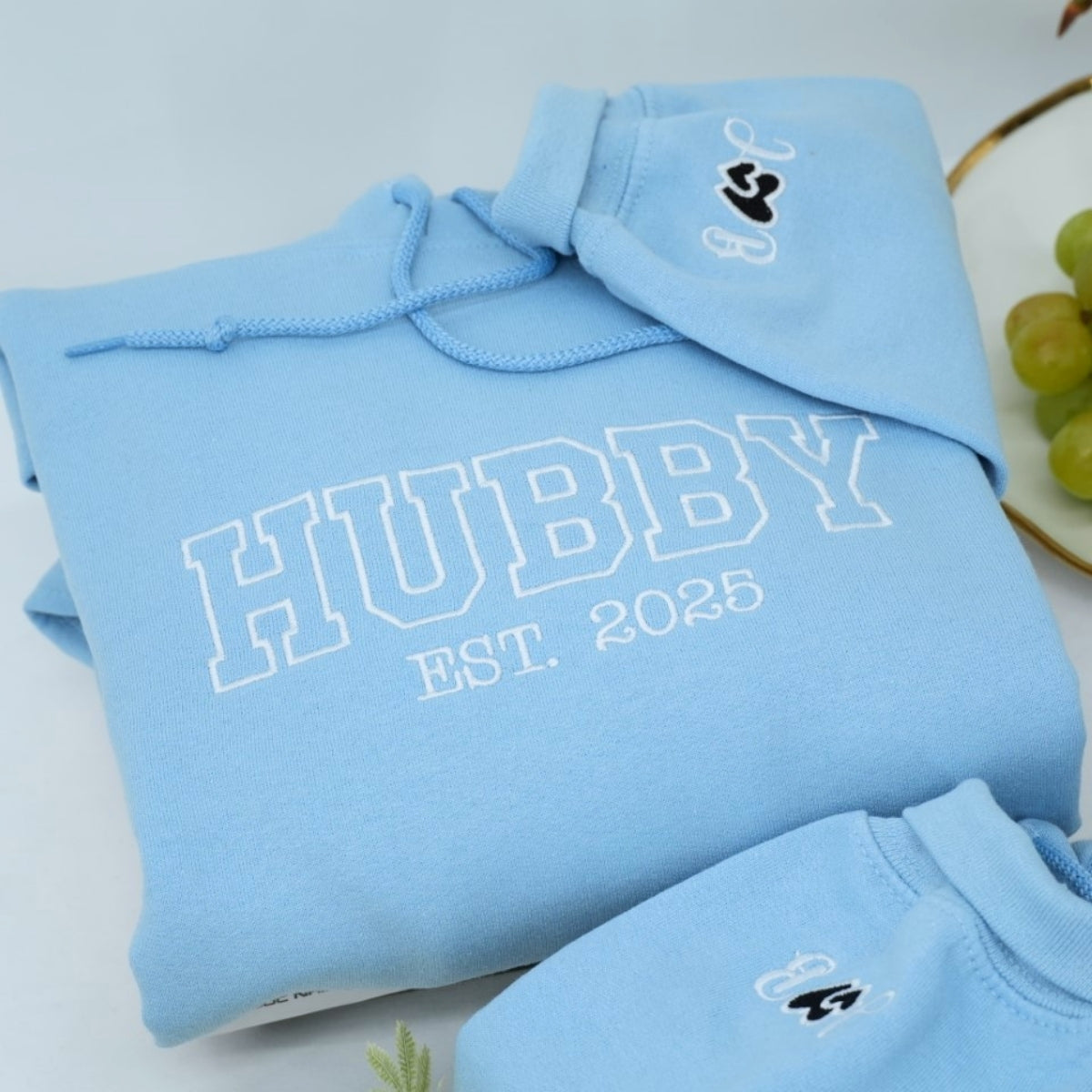 Hubby Wifey Custom Hoodies - Matching Embroidered Couples Sweatshirts - Wedding Anniversary Gift