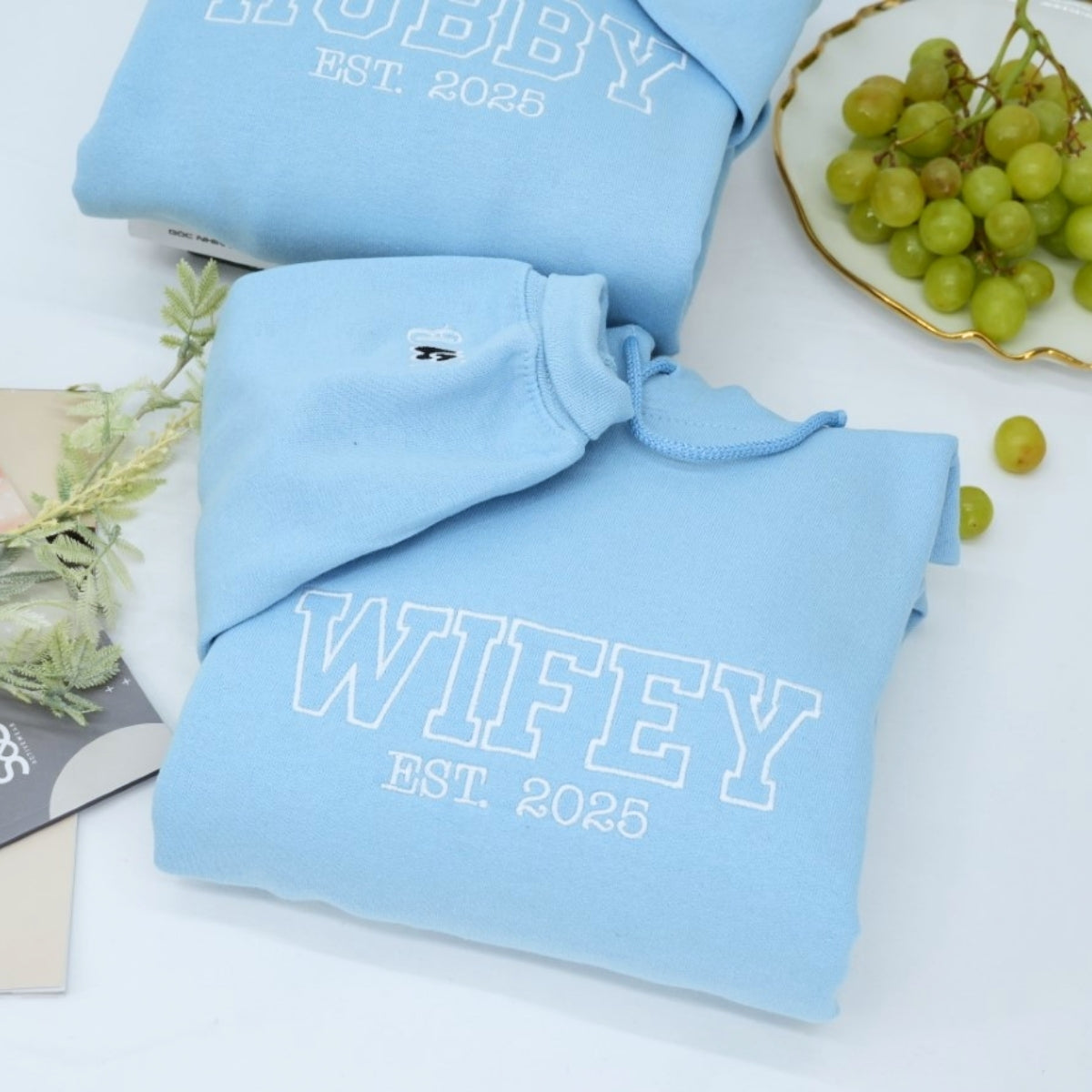 Hubby Wifey Custom Hoodies - Matching Embroidered Couples Sweatshirts - Wedding Anniversary Gift