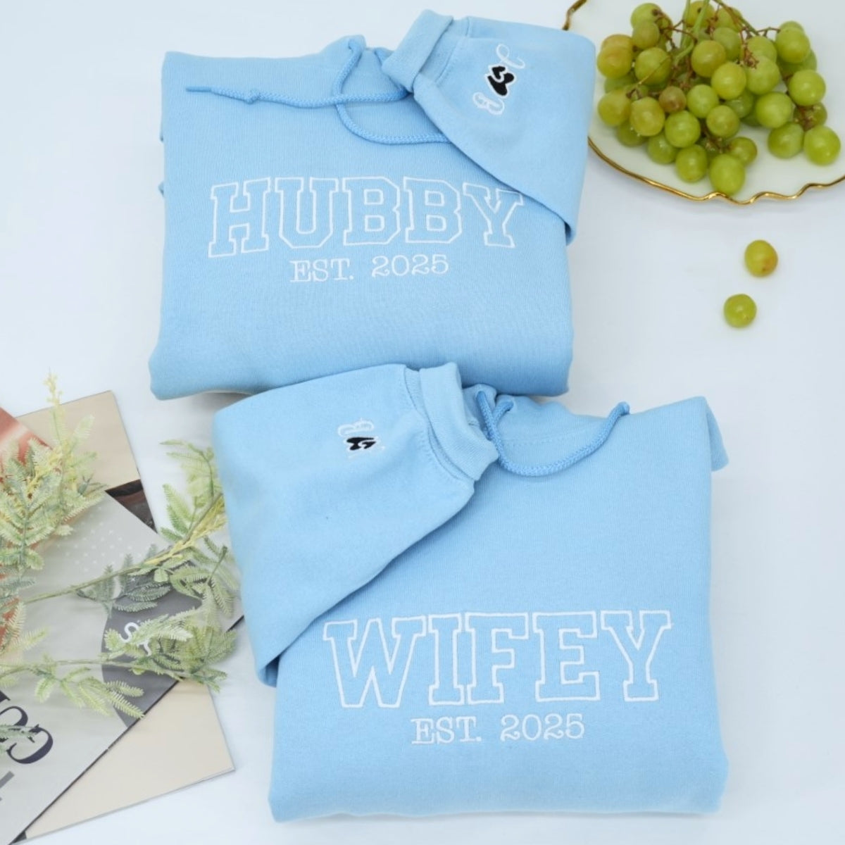 Hubby Wifey Custom Hoodies - Matching Embroidered Couples Sweatshirts - Wedding Anniversary Gift