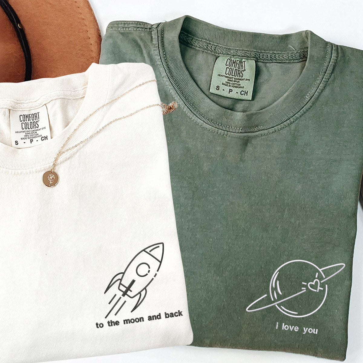 Custom Embroidered I Love You To The Moon And Back Matching T-shirts for Couples