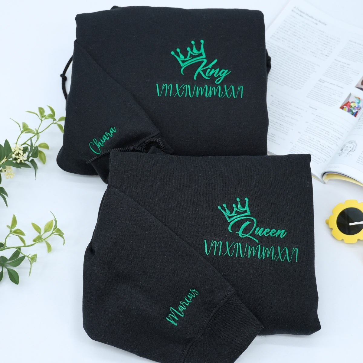 King x Queen Crown Custom Roman Numeral Matching Embroidered Hoodies For Couples