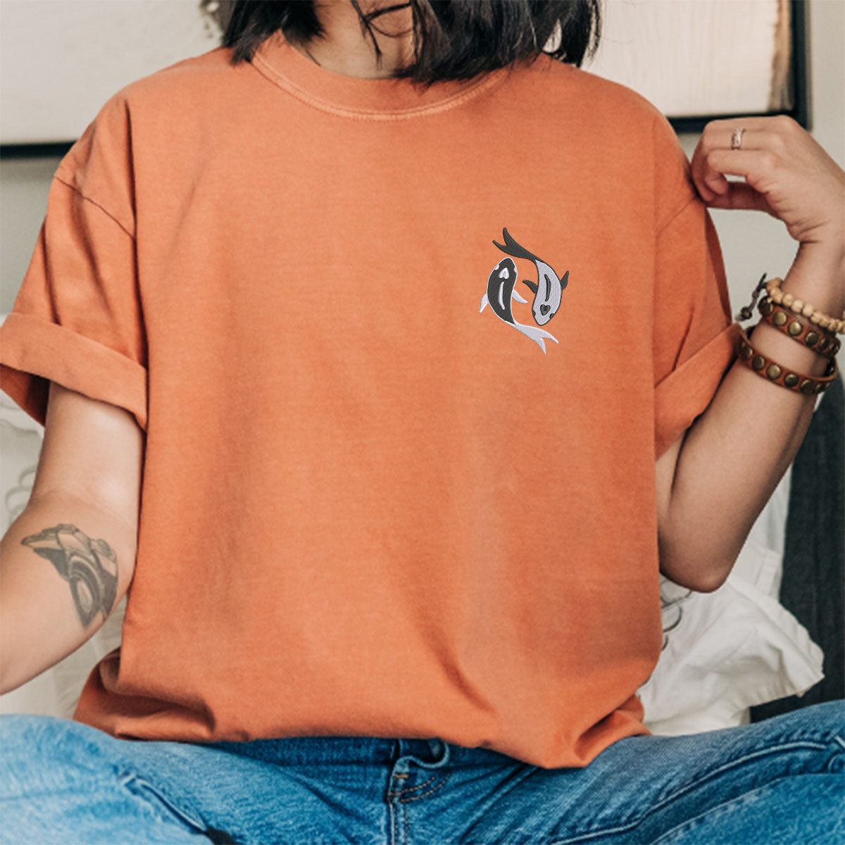 Individuell bestickte Koi-Fische Yin Yang passende T-Shirts für Paare